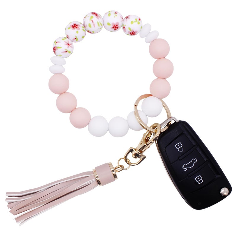 BIHRTC Silicone Key Ring Bracelet Wrist for Women Silicone Wristlet Keychains Bead Keyring Bracelets Wristlet Keys Chain with Leather Tassel Silicone Beaded Bangle Chains - Image 1