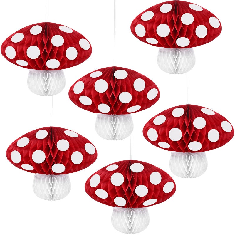 Eersida 6 Pcs 3D Mushroom Paper Honeycomb Decorations Mushroom Party Decorations Hanging Birthday Decor for Fairy Ornament Wonderland Jungle Forest Decor