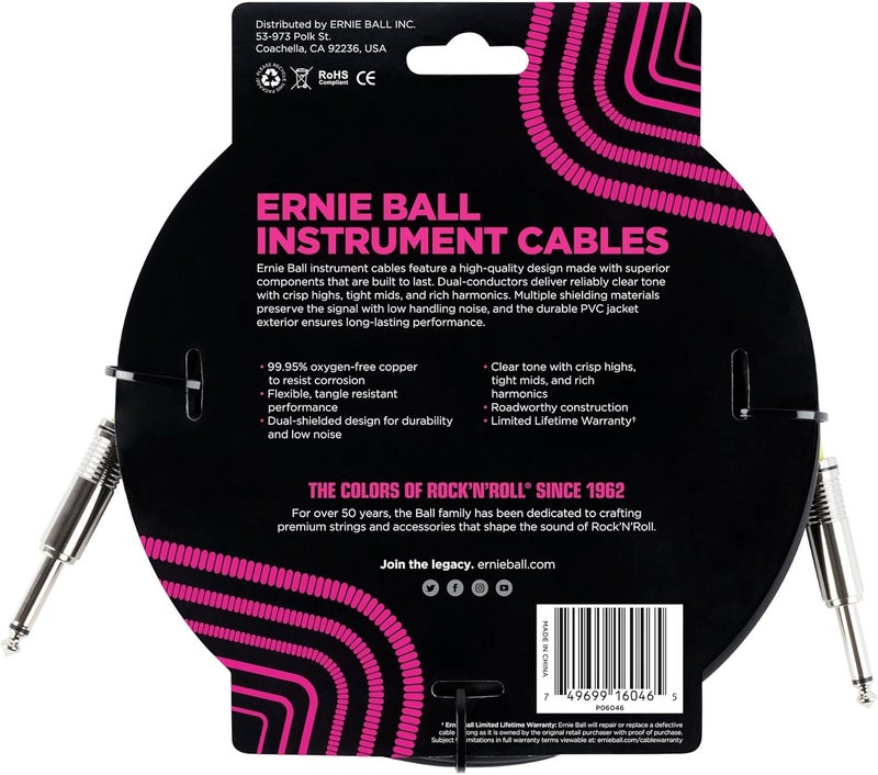 Ernie Ball كابل آلة موسيقية مستقيم/مستقيم بطول 20 قدم من إيرني بول - أسود - Image 2