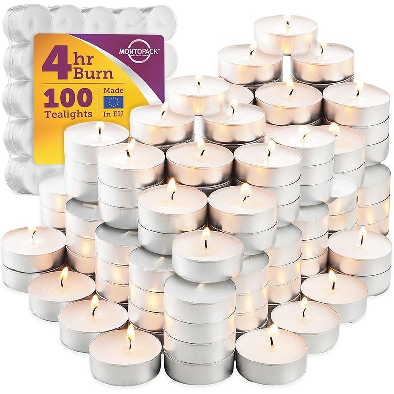 مونتوباك شمعة Tealight غير المعطرة من MontoPack عبوة من 125 قطعة | شمع مضغوط من البارافين، بدون دخان، حرق يدوم طويلاً | لديكور المنزل، قطع تزيين الطاولة، حفلات أعياد الميلاد، الكريسماس وحمام السباحة - Image 1