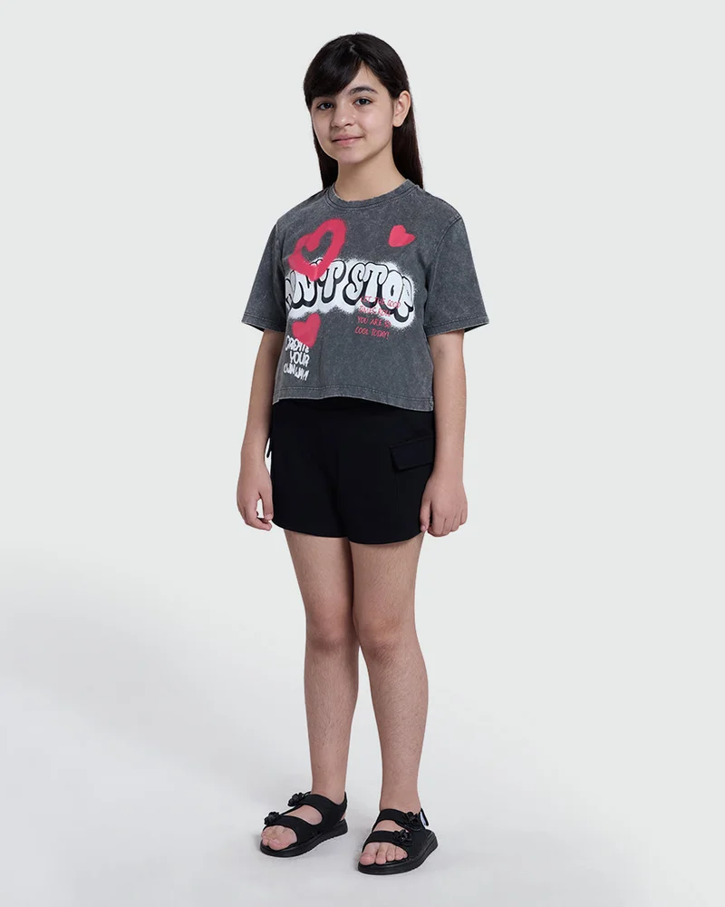 او في اس Acid-Wash Tee In Dark Grey –Teens