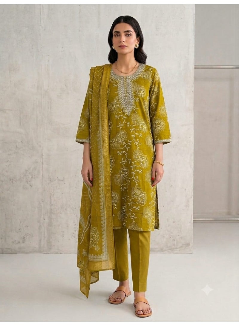 Women's Printed 3-Piece Kurti Set with Trousers & Dupatta, Olive Green