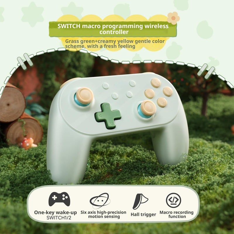 Tuvzylory Macro Programming Handle Compatible with Switch 2/Switch 1, Wireless Controller, Hall Trigger, 6-Axis Gyro, Island-Inspired Green & Yellow Color - Image 2