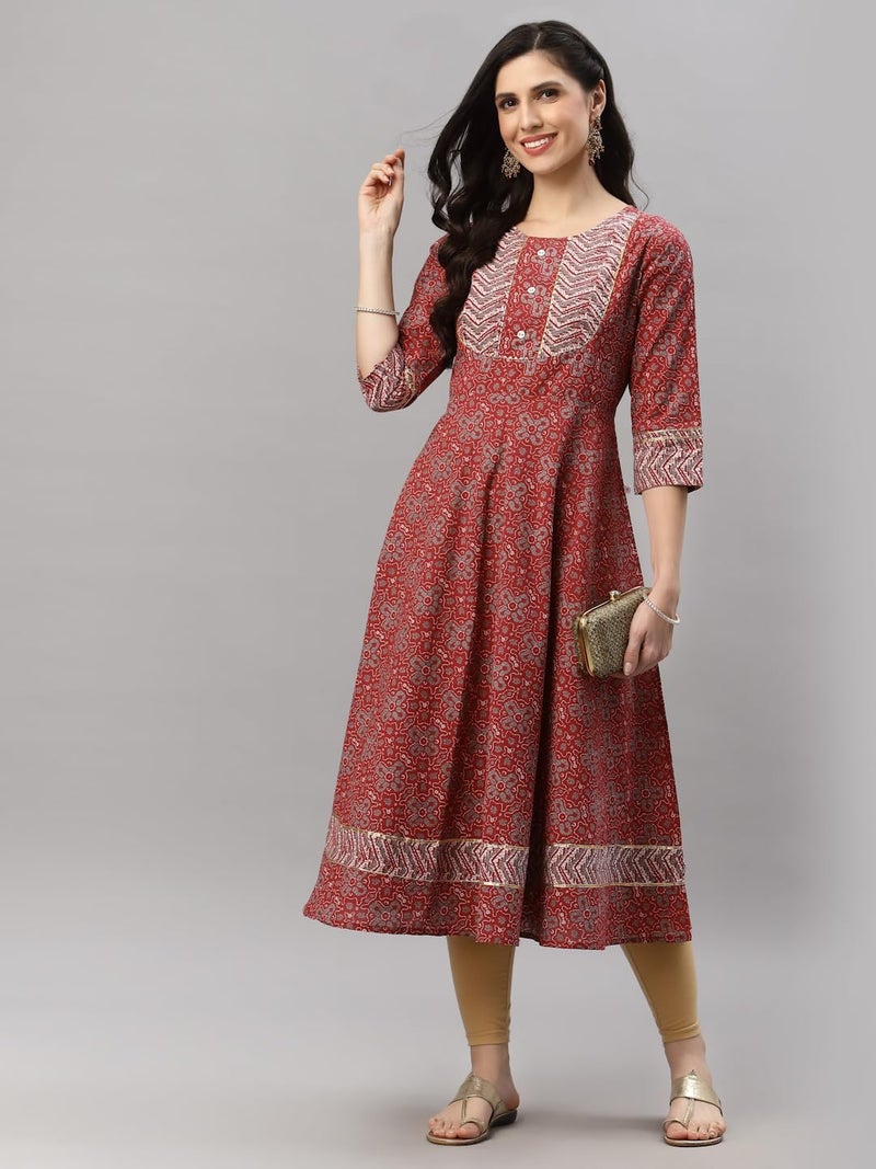 Yash Gallery Women's Cotton Floral Printed Regular Fit Anarkali Kurta for Women (1370YKMAROON_Maroon_X-Large) - Image 3