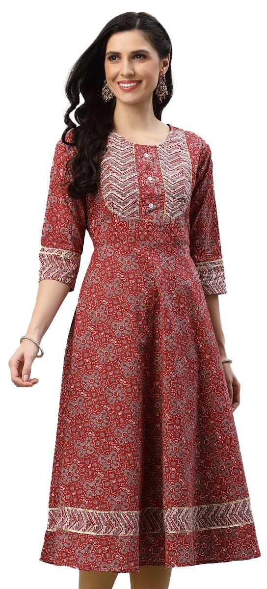 Yash Gallery Women's Cotton Floral Printed Regular Fit Anarkali Kurta for Women (1370YKMAROON_Maroon_X-Large) - Image 1