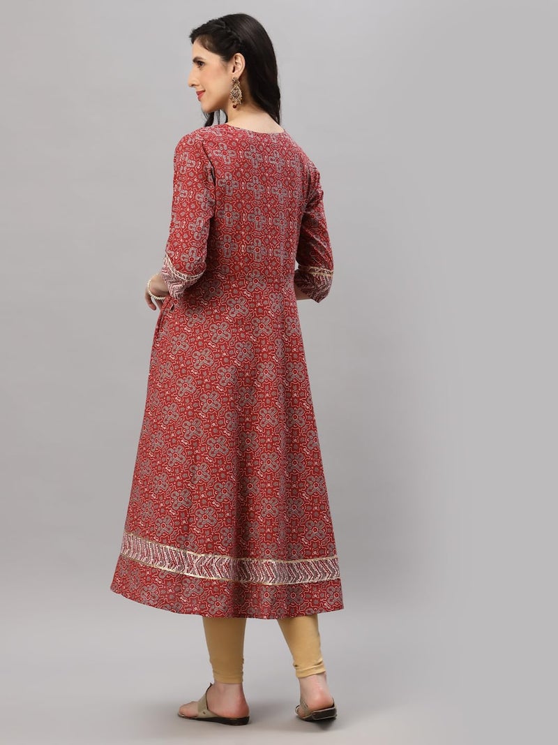 Yash Gallery Women's Cotton Floral Printed Regular Fit Anarkali Kurta for Women (1370YKMAROON_Maroon_X-Large) - Image 4