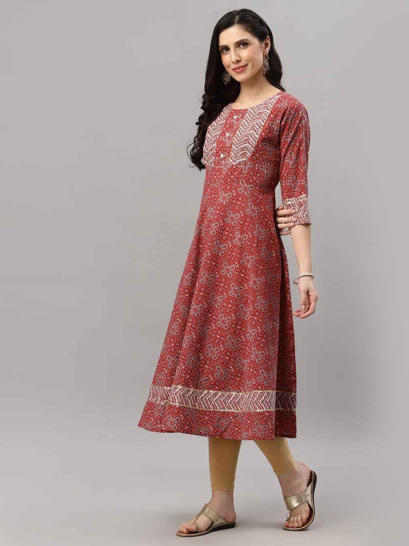 Yash Gallery Women's Cotton Floral Printed Regular Fit Anarkali Kurta for Women (1370YKMAROON_Maroon_X-Large) - Image 2