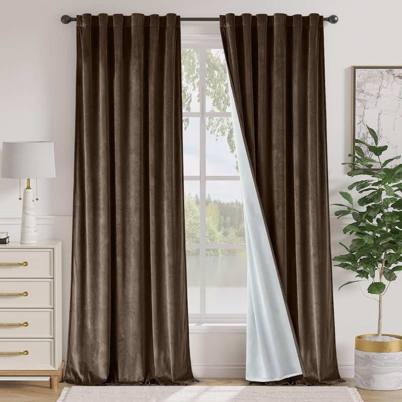 Lazzzy Dark Brown Velvet Extra Long Curtains 108 Inches Long Blackout Thermal Insulated Blackout Lined Curtain Drapes Window Treatments for Bedroom Living Room 2 Panels,52 x 108 Inch, Truffle - Image 1