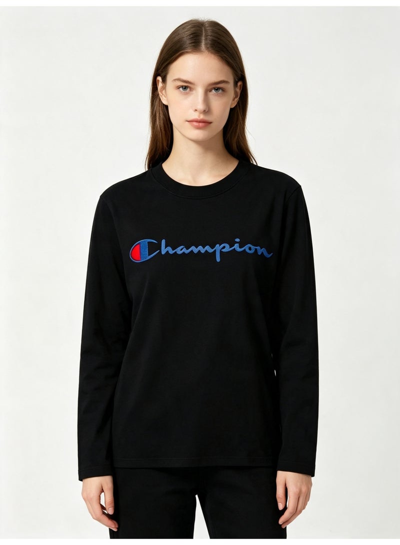 Champion Unisex Crew‑Neck Long Sleeve T‑Shirt Classic Logo Casual Cotton Top Black-M - Image 2