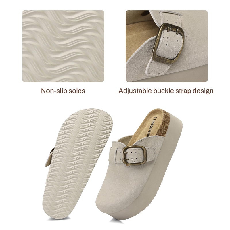 TEMOFON Genuine Suede Clogs for Women: Comfortable Leather Platform Mules & Clogs for Women Footwear - Cork Footbed Closed Toe Sandals Potato Shoes Light Gray Size 8.5 - Image 5