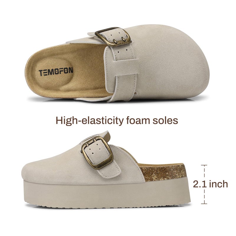 TEMOFON Genuine Suede Clogs for Women: Comfortable Leather Platform Mules & Clogs for Women Footwear - Cork Footbed Closed Toe Sandals Potato Shoes Light Gray Size 8.5 - Image 4