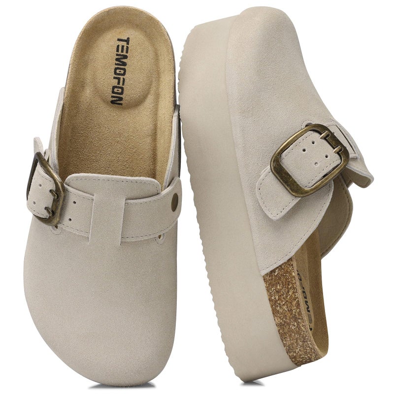 TEMOFON Genuine Suede Clogs for Women: Comfortable Leather Platform Mules & Clogs for Women Footwear - Cork Footbed Closed Toe Sandals Potato Shoes Light Gray Size 8.5 - Image 1