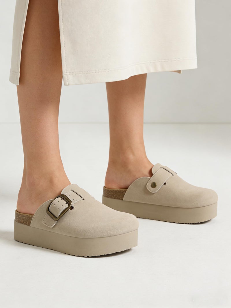 TEMOFON Genuine Suede Clogs for Women: Comfortable Leather Platform Mules & Clogs for Women Footwear - Cork Footbed Closed Toe Sandals Potato Shoes Light Gray Size 8.5 - Image 3