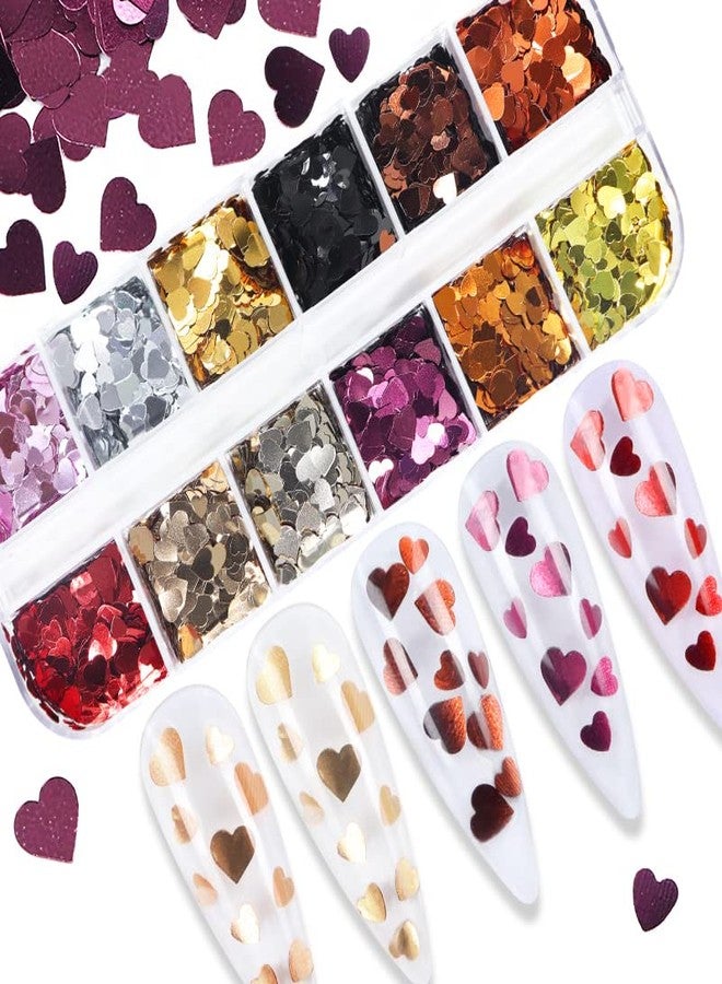 OSTTMA 12 Grids Heart Nail Stickers - Hearts Nail Decals for Women - Retro Love Heart Nail Glitters 3D Nail Art Supplies Holographic Shiny Gold Nail Sequins for Valentine's Day Manicure Decorations - Image 2