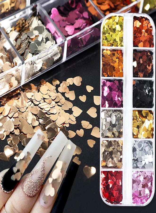 OSTTMA 12 Grids Heart Nail Stickers - Hearts Nail Decals for Women - Retro Love Heart Nail Glitters 3D Nail Art Supplies Holographic Shiny Gold Nail Sequins for Valentine's Day Manicure Decorations - Image 1