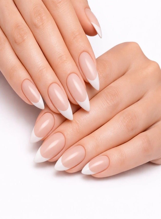 Sanfe Instant Stick On Nails, French Almond, 24 Reusable Artificial Nail Set/Extensions, Lightweight, Quick Apply, Salon Look, Lasts up to 3 Weeks - Image 1