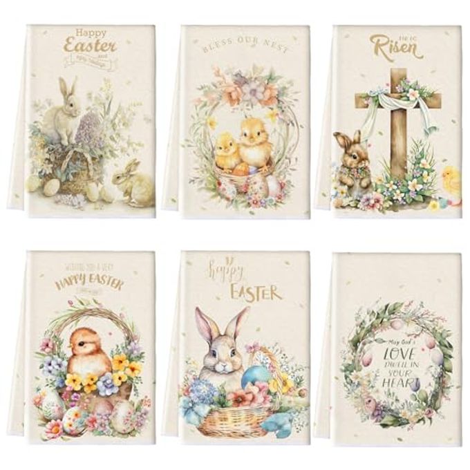 Patelai 6 Pack Easter Towels Kitchen Spring Bunny Chicken Hand Cloth Tea Towel Rooster He is Risen Cross Happy Easter Hand Dishcloth Holiday Flowers Washcloths for Spring Home Housewarming Gift