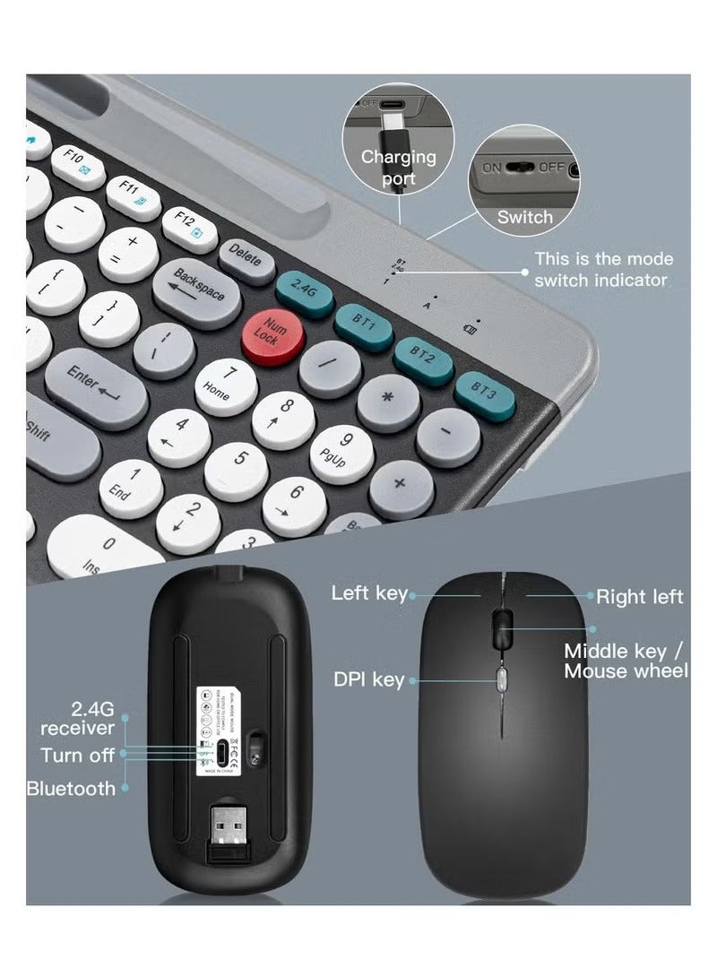 English Wireless Keyboard and Mouse Combo Multi-Device (Bluetooth+2.4G) Keyboard Mouse with Phone Tablet Holder Full-Sized Typewriter Cordless Keyboard and Mouse for Computer/Laptop (Black) - Image 5