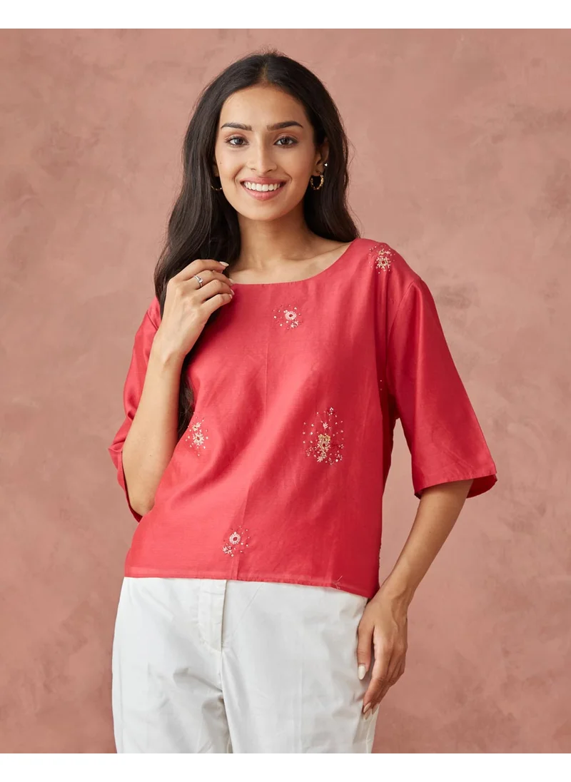 Fabindia Red Cotton Silk Woven Short Top