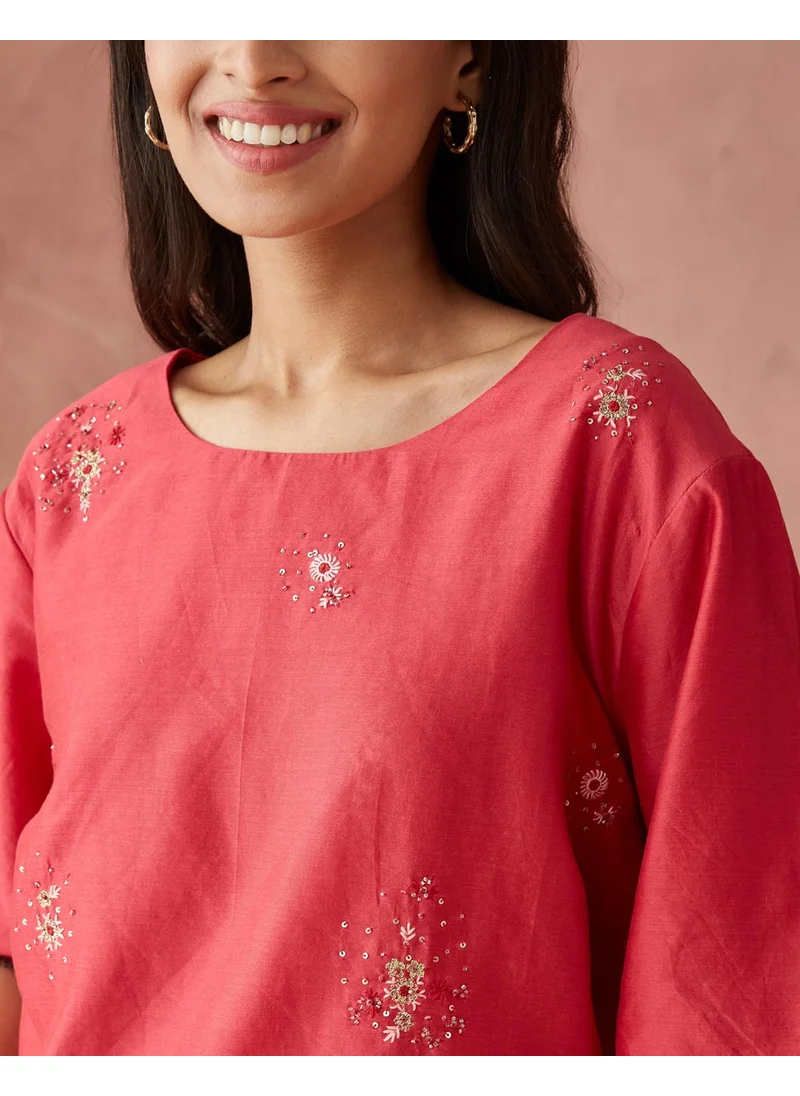Fabindia Red Cotton Silk Woven Short Top