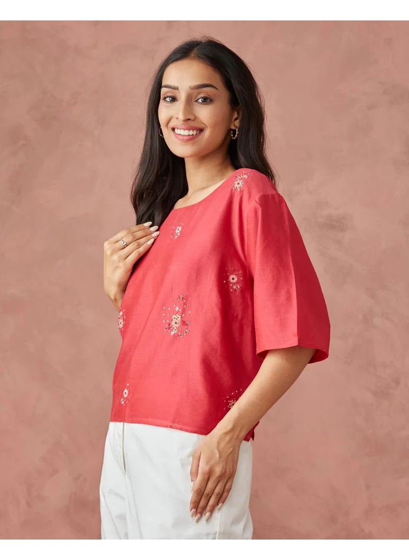Fabindia Red Cotton Silk Woven Short Top