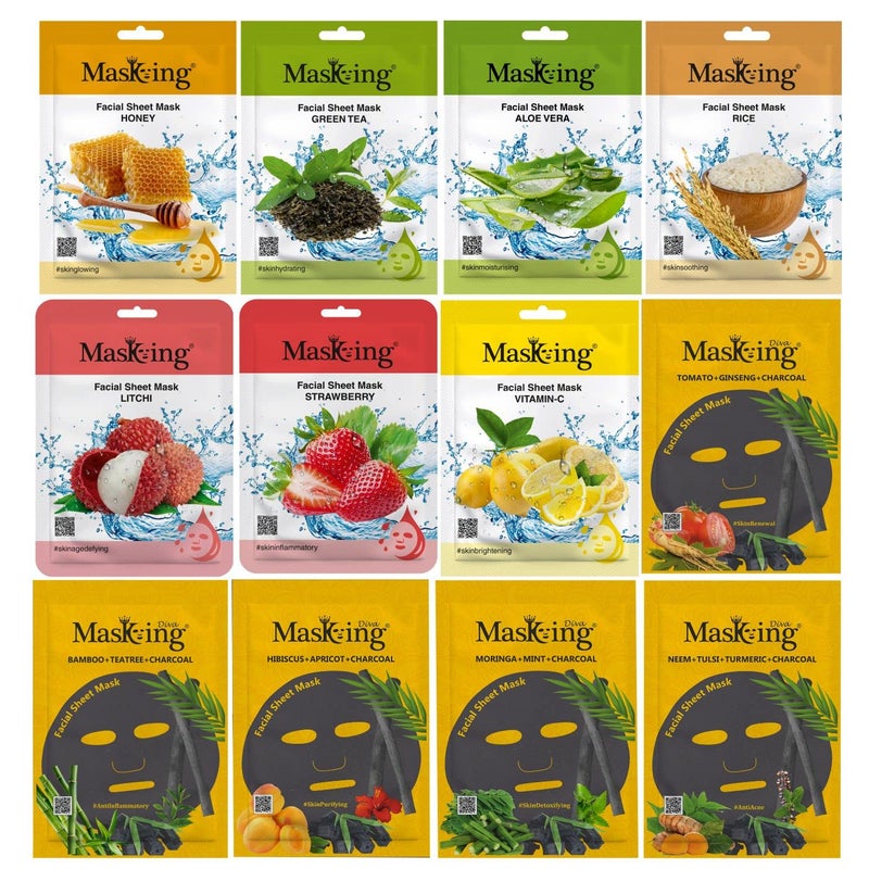 MasKing Beauty Facial Sheet Mask 7pcs Charcoal Sheet Mask 5pcs For Brightening Skin Glowing Polishing Soothing Oil Control Moisturising Beauty Collection Pack Combo Pack of 12 Sheet Mask - Image 1