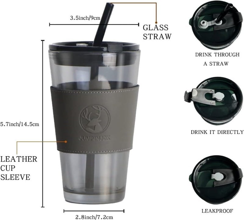FUNKYFINDS Black Glass Coffee Tumbler with Leather Grip Pack of 1 Clear Drinking Glasses Sipper Mugs with Straws and Lids for Iced Tea Juice Cocktail Smoothies Cold Hot Drink Cups 450 ML - Image 2