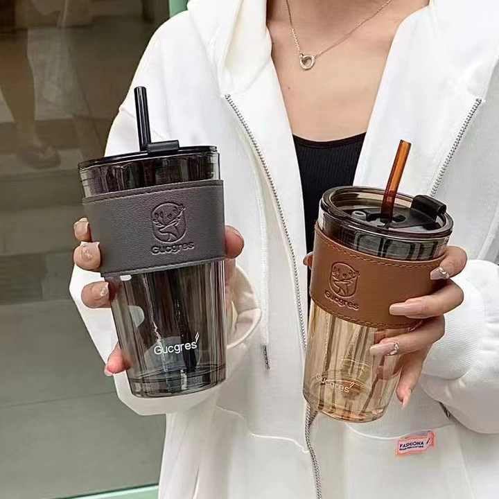 FUNKYFINDS Black Glass Coffee Tumbler with Leather Grip Pack of 1 Clear Drinking Glasses Sipper Mugs with Straws and Lids for Iced Tea Juice Cocktail Smoothies Cold Hot Drink Cups 450 ML - Image 5