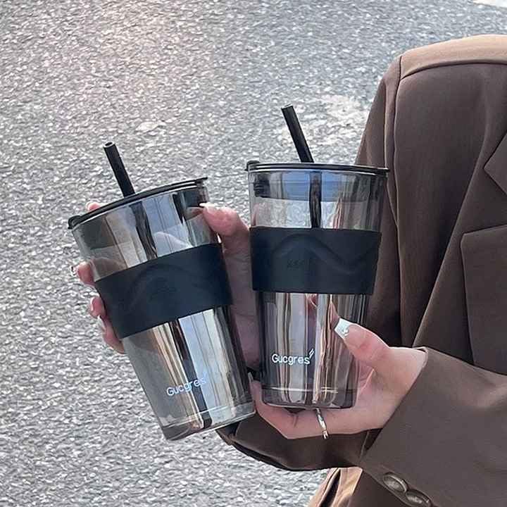 FUNKYFINDS Black Glass Coffee Tumbler with Leather Grip Pack of 1 Clear Drinking Glasses Sipper Mugs with Straws and Lids for Iced Tea Juice Cocktail Smoothies Cold Hot Drink Cups 450 ML - Image 3