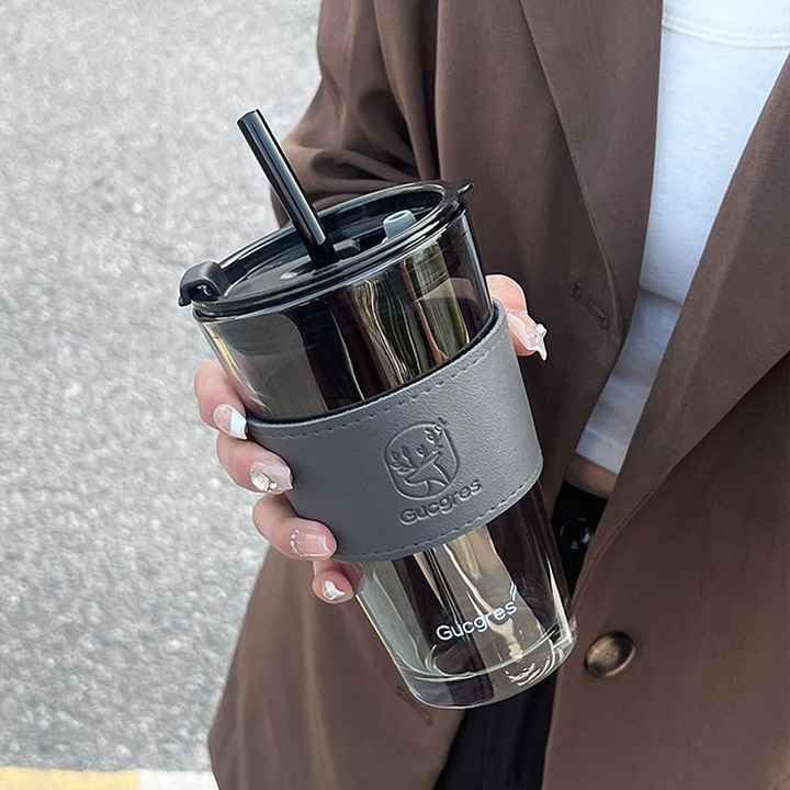 FUNKYFINDS Black Glass Coffee Tumbler with Leather Grip Pack of 1 Clear Drinking Glasses Sipper Mugs with Straws and Lids for Iced Tea Juice Cocktail Smoothies Cold Hot Drink Cups 450 ML - Image 1