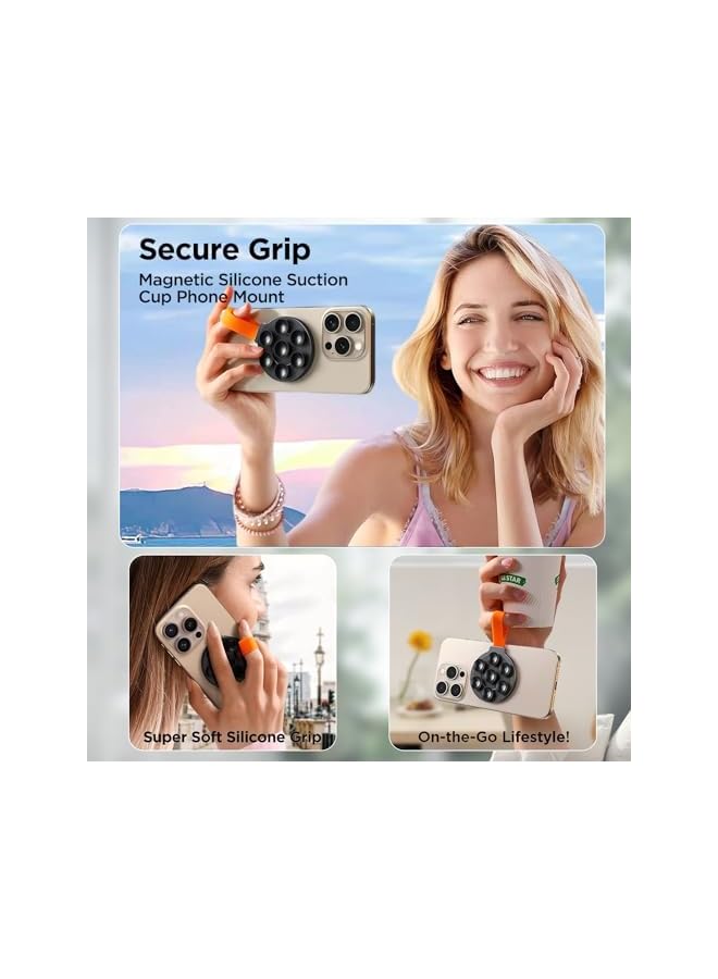 Green Tiger Magnetic Suction Cup Phone Mount, Silicone Suction Phone Case Grip Stand Holder for MagSafe, Hands-Free Mirror Shower Phone Holder Mount Fit iPhone 15 Pro Max, TikTok Creator|Videos (Black Orange) - Image 5