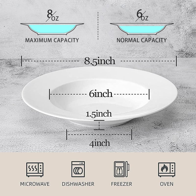 Artena 8 Ounces Pasta Bowls Set of 4, 8.5 inch Soup Bowls, Advanced Porcelain Salad Bowl, Wide Rim Pasta Plates, Shallow Bowls for Kitchen, Rimmed White Plates and Bowls Set, Microwave Oven Safe - Image 2