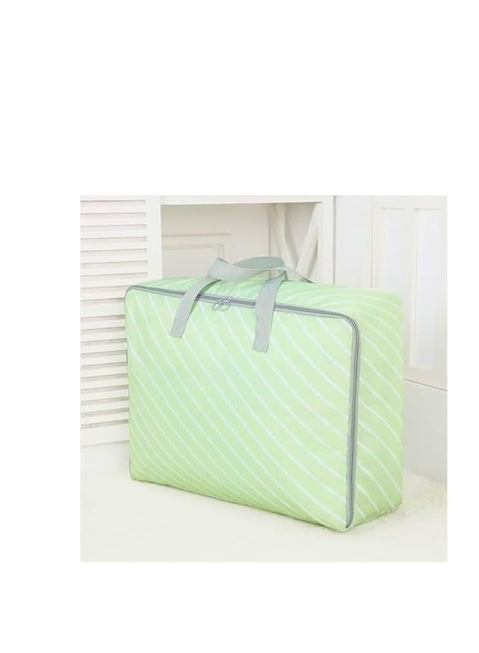 شنطة تخزين كبيرة محمولة مقاومة للماء مع سحابات، قماش اوكسفورد سميك شديد التحمل، شنطة منظمة مثالية للسفر واللحاف والبطانيات، مقاس جامبو 70 × 50 × 30 سم (اخضر فاتح مع شريط ابيض) - Image 1
