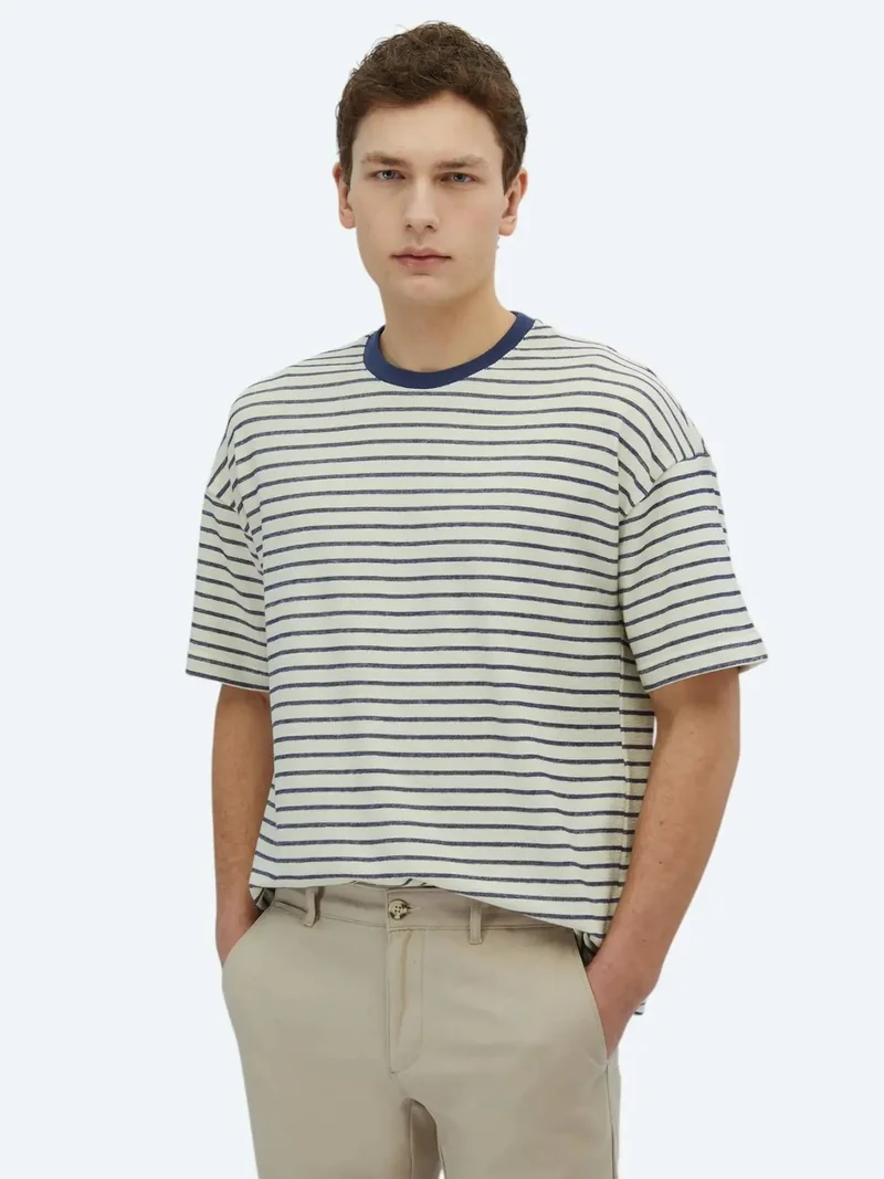 Kip Ecru Striped Crew Neck 100% Cotton T-Shirt