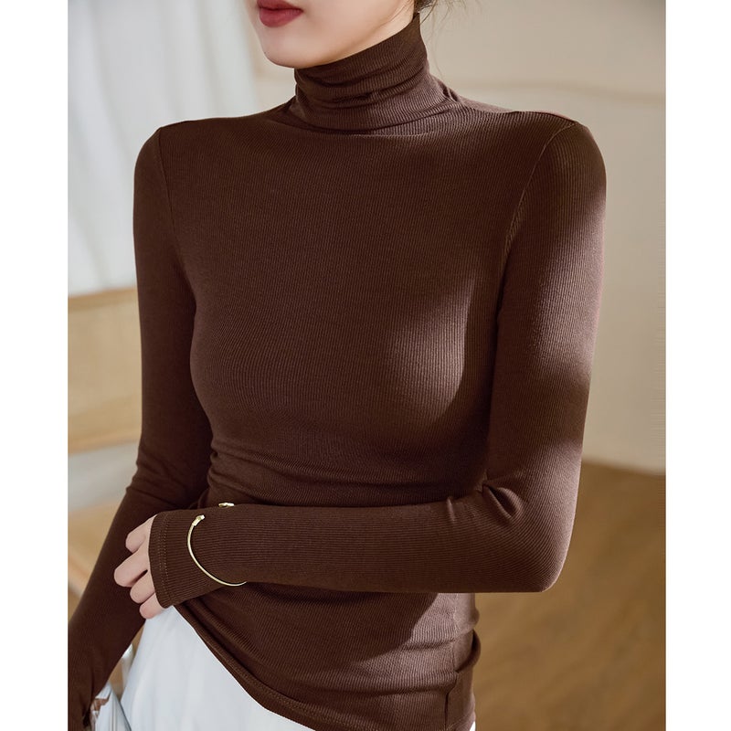 High Elastic Threaded Cotton Turtleneck Bottoming Shirt Women's Long-Sleeved T-Shirt 2025 Autumn and Winter Wear with Slim Fit Right Shoulder Top - Image 1