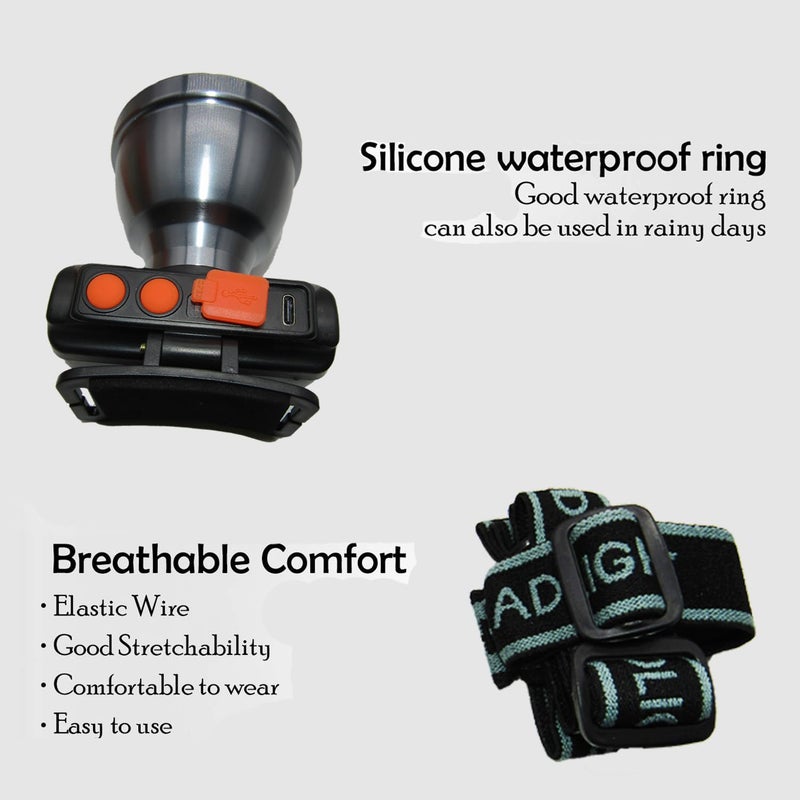 RENMAX مصباح رأس ساطع مقاوم للماء قابل لإعادة الشحن بدون استخدام اليدين مع مستشعر IR LED وميض معدني لنشاطات ركوب الدراجات والتخييم والكهوف والمشي والصيد والتجوال - 1 قطعة - Image 3