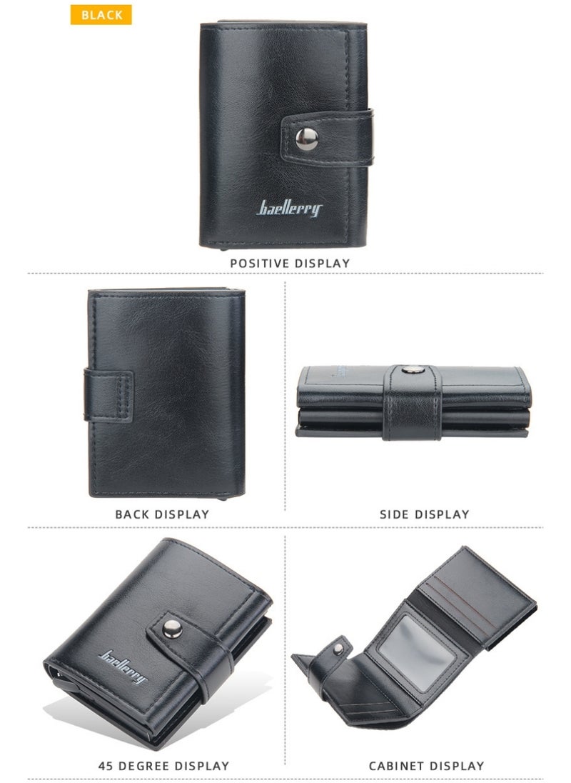 baellerry - Leather Wallets for Men, Slim Minimalist Wallet Credit Card Holder Wallet Pop Up Design, RFID Blocking Metal Bank Card Case with Coins Pocket, ID Window, Hold up to 8 Cards, Button Lock, Black - Image 1