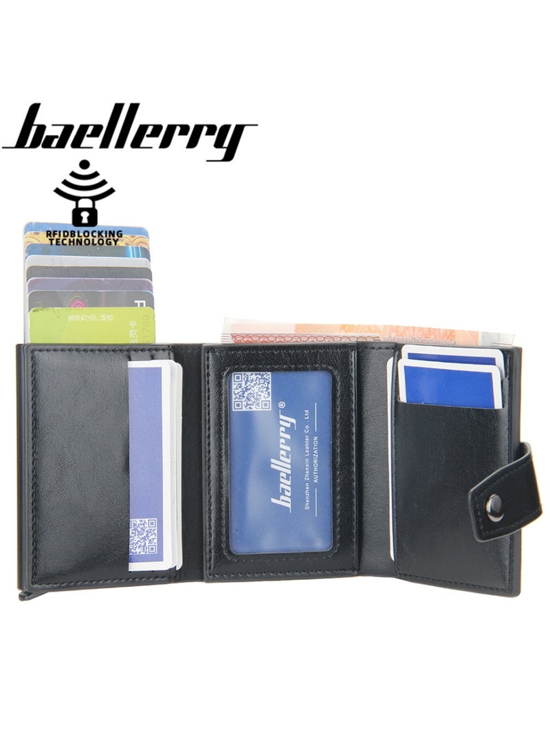 baellerry Leather Wallets for Men, Slim Minimalist Wallet Credit Card Holder Wallet Pop Up Design, RFID Blocking Metal Bank Card Case with Coins Pocket, ID Window, Hold up to 8 Cards, Button Lock, Black  - Image 3