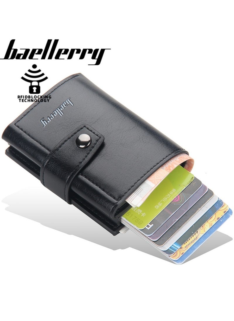 baellerry - Leather Wallets for Men, Slim Minimalist Wallet Credit Card Holder Wallet Pop Up Design, RFID Blocking Metal Bank Card Case with Coins Pocket, ID Window, Hold up to 8 Cards, Button Lock, Black - Image 1
