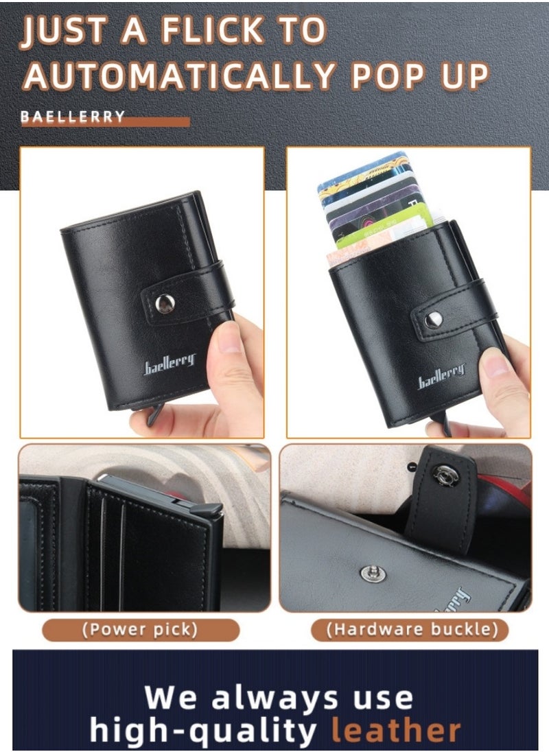 baellerry - Leather Wallets for Men, Slim Minimalist Wallet Credit Card Holder Wallet Pop Up Design, RFID Blocking Metal Bank Card Case with Coins Pocket, ID Window, Hold up to 8 Cards, Button Lock, Black - Image 1