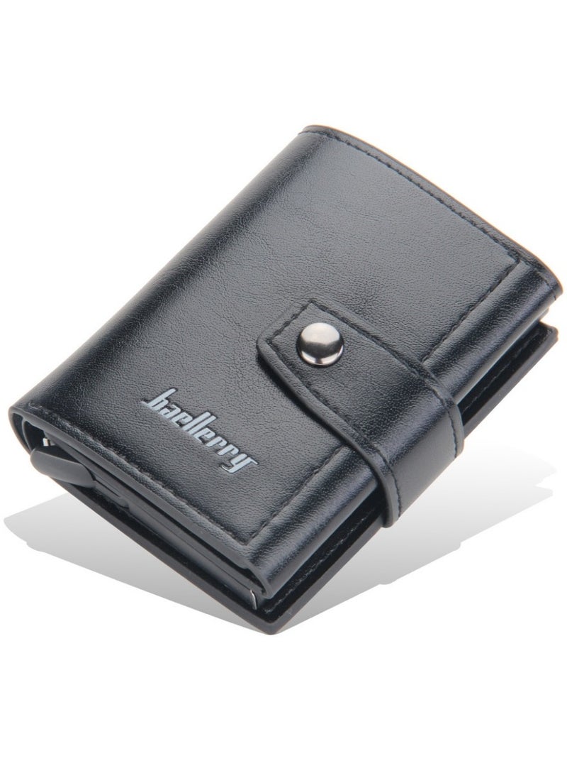 baellerry - Leather Wallets for Men, Slim Minimalist Wallet Credit Card Holder Wallet Pop Up Design, RFID Blocking Metal Bank Card Case with Coins Pocket, ID Window, Hold up to 8 Cards, Button Lock, Black - Image 1