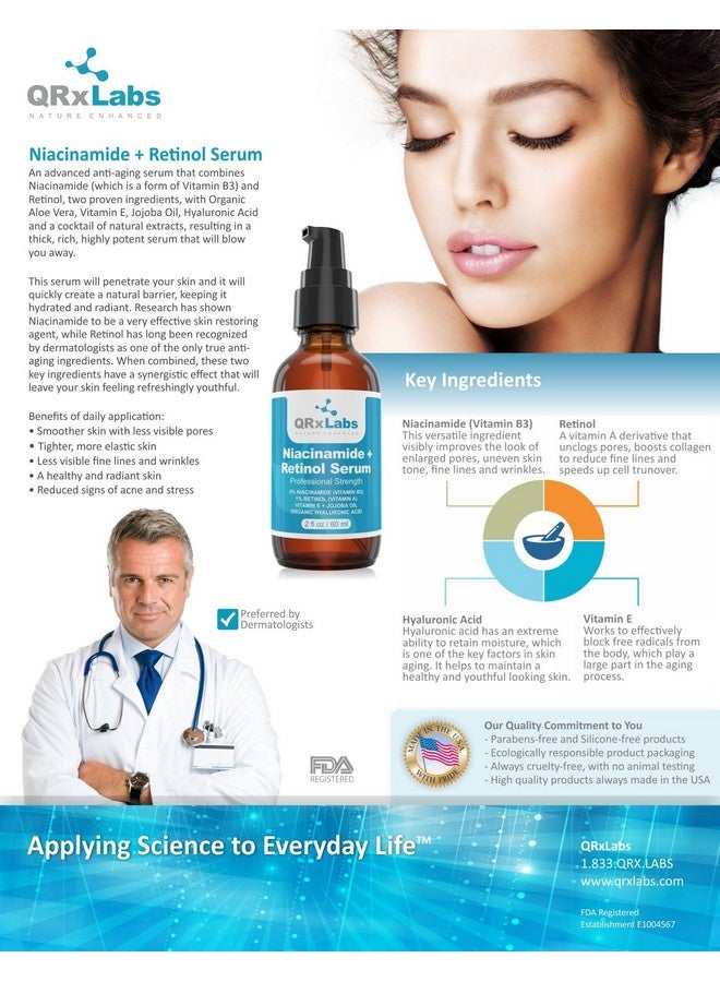 QRxLabs 5% Niacinamide (Vitamin B3) + Retinol Serum - Anti-Aging Serum - Pore and Wrinkle Reducer - Fights Acne Breakouts - Fades Blemishes and Spots - Tightens Skin - Retinol & Niacinamide Serum - Image 4