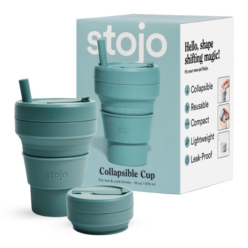 Stojo STOJO Collapsible Travel Cup With Straw Eucalyptus 16oz  470ml  Reusable ToGo Pocket Size Silicone Cup for Hot and Cold Drinks  Perfect for Camping and Hiking  Microwave  Dishwasher Safe 