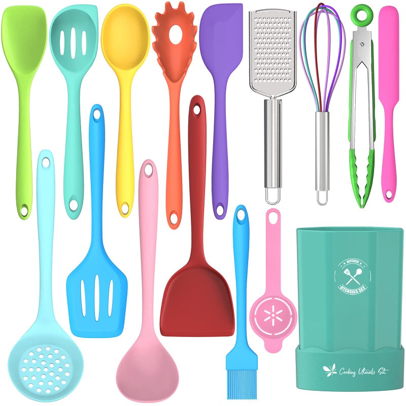 Silicone Kitchen Utensils Set 16Piece Silicone Cooking Utensils by Deedro Heat Resistant Kitchen Tools Set with Holder Nonstick Spatula Kitchen Gadgets for Cooking  Baking Colorful