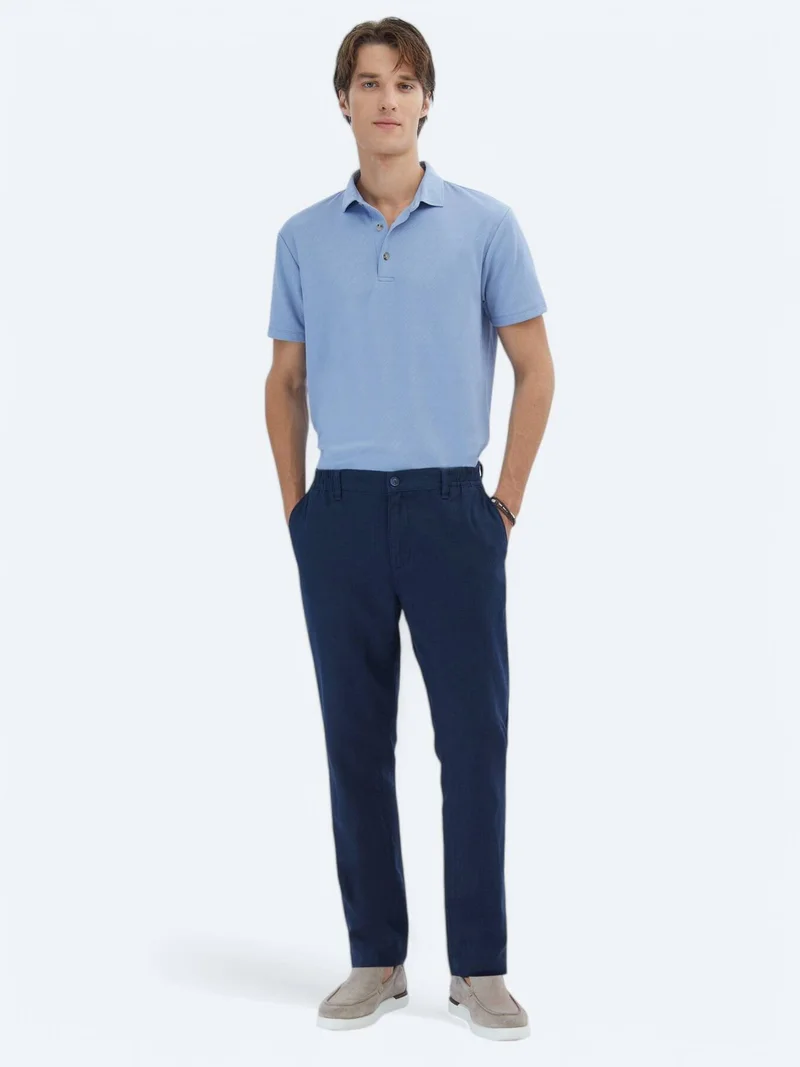 Kip Navy Blue Weaving Jogging Fit Casual Cotton Blended Trousers