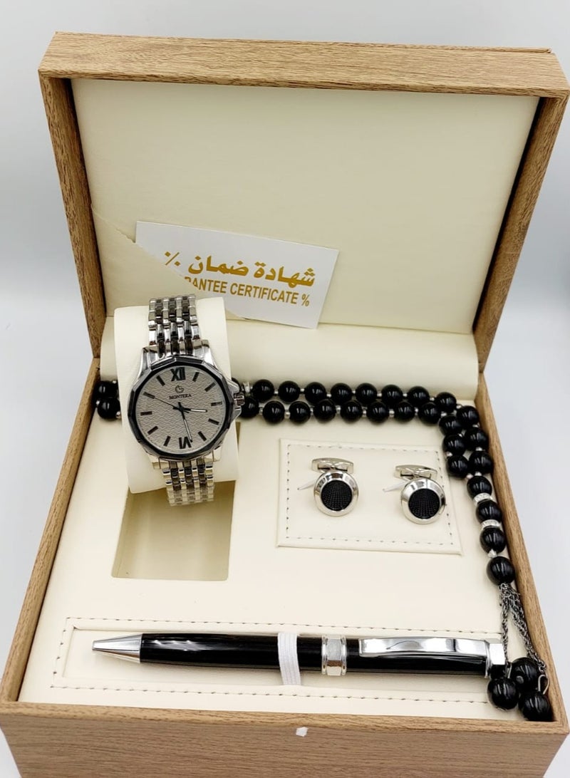 مونتيرا طقم رجالي مكون من ٤ قطع ساعة وقلم وكبك وسبحه