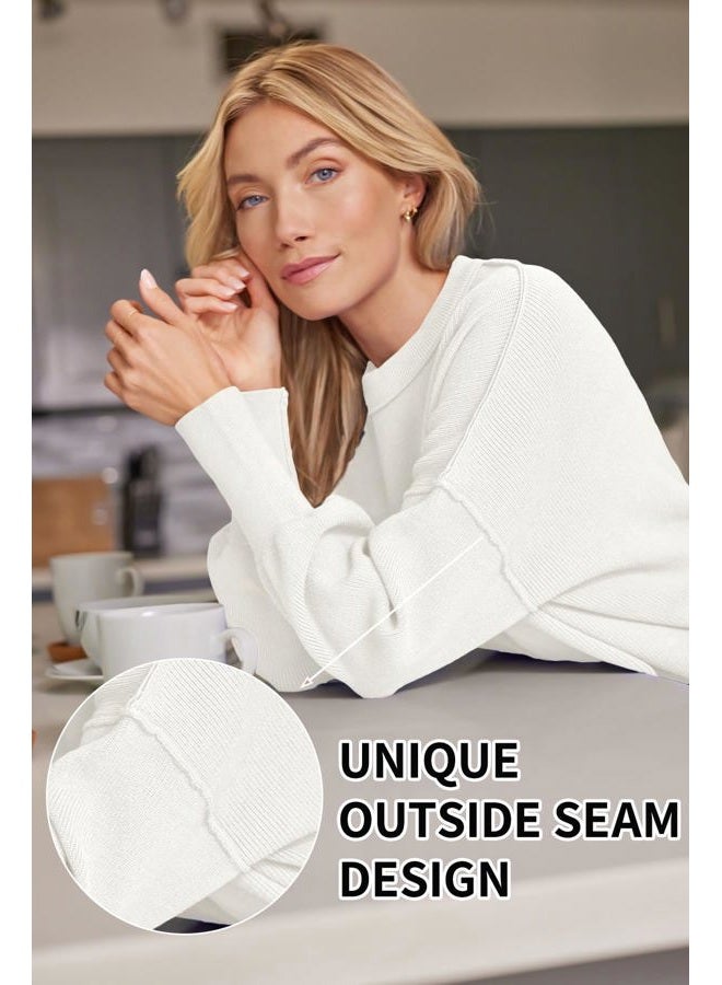 LILLUSORY Women's Oversized Batwing Sweaters 2024 Fall Outfits Crewneck Ribbed Knit Side Slit Trendy Pullover Tops White XS - Image 4