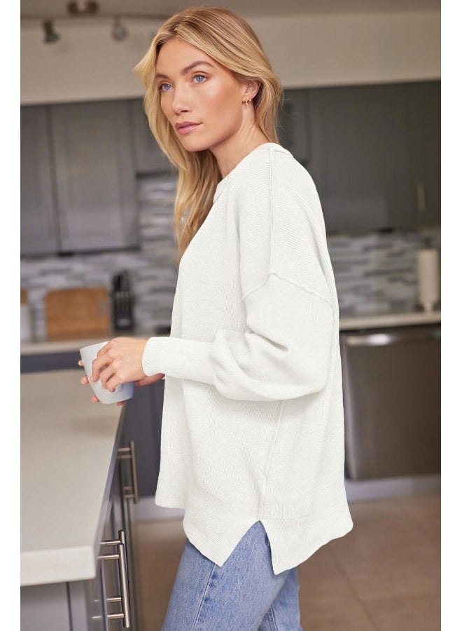 LILLUSORY Women's Oversized Batwing Sweaters 2024 Fall Outfits Crewneck Ribbed Knit Side Slit Trendy Pullover Tops White XS - Image 3