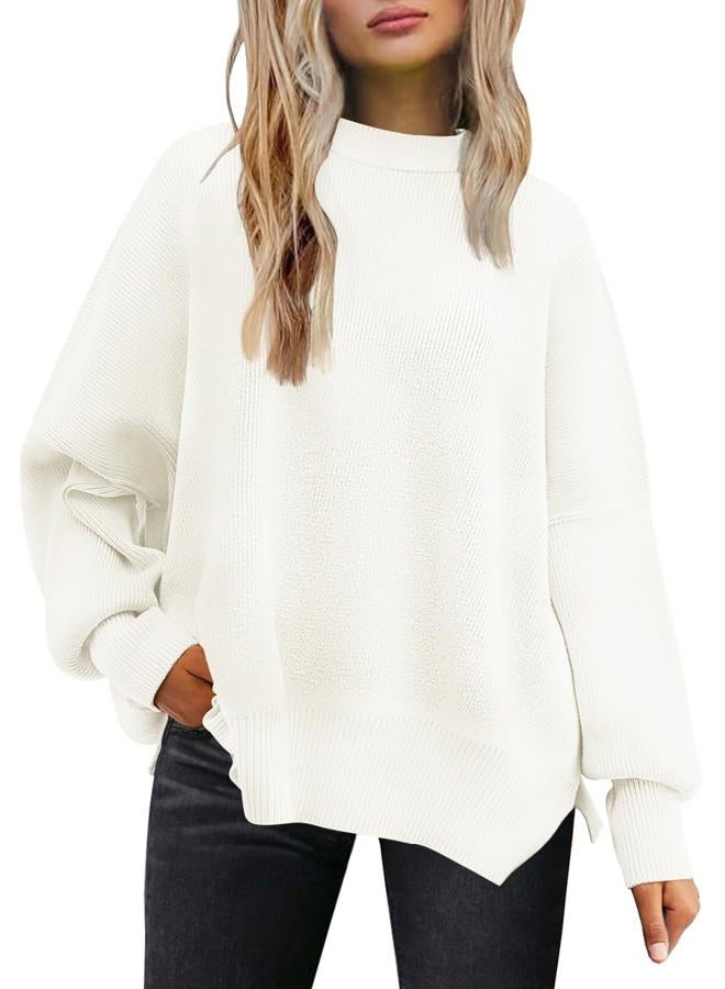 LILLUSORY Women's Oversized Batwing Sweaters 2024 Fall Outfits Crewneck Ribbed Knit Side Slit Trendy Pullover Tops White XS - Image 1