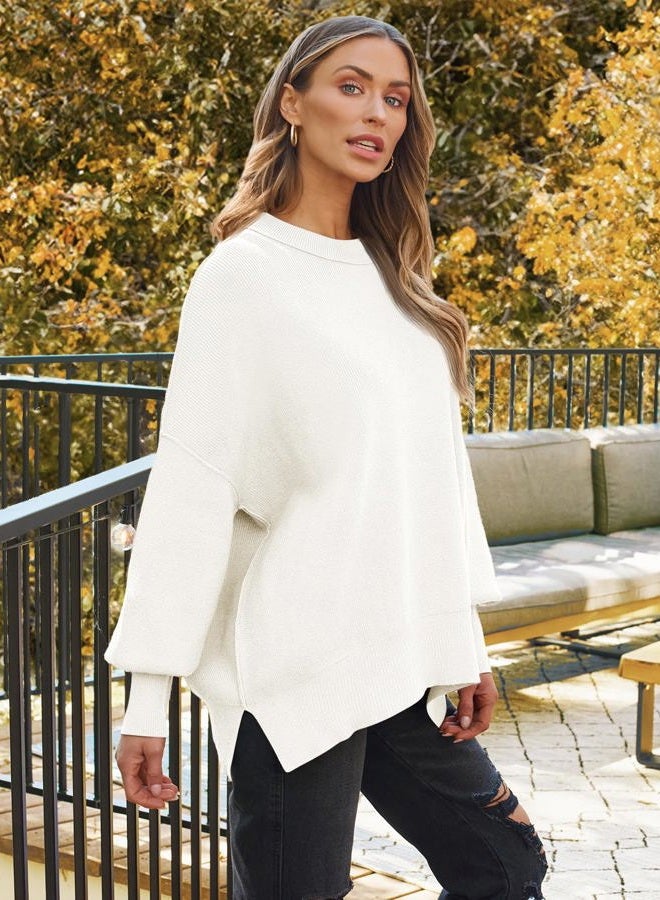LILLUSORY Women's Oversized Batwing Sweaters 2024 Fall Outfits Crewneck Ribbed Knit Side Slit Trendy Pullover Tops White XS - Image 5